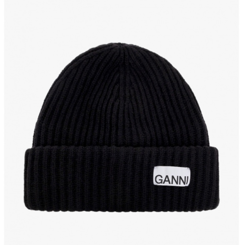 Ganni NWOT Black Rib Knit Beanie
